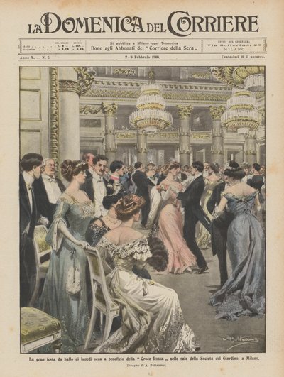 La gran festa da ballo di lunedì sera a beneficio della Croce Rossa nelle sale della Società del Giardino, a Milano da Achille Beltrame