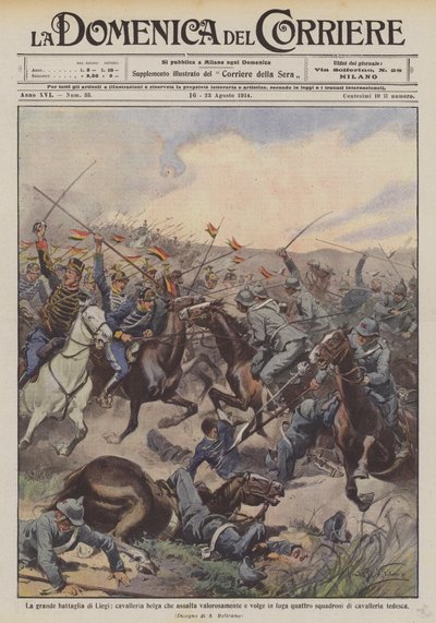 La grande battaglia di Liegi, cavalleria belga che assalta valorosamente e volge in fuga quattro battaglioni tedeschi da Achille Beltrame