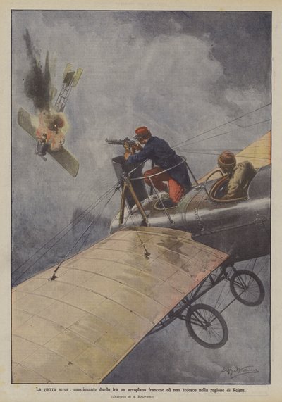 Guerra aerea, emozionante duello fra un aeroplano francese e uno tedesco nella regione di Reims da Achille Beltrame