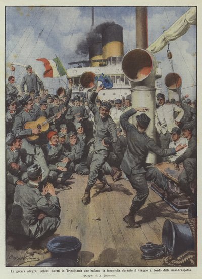 Soldati diretti in Tripolitania che ballano la tarantella durante il viaggio da Achille Beltrame