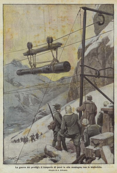 La guerra dei prodigi, il trasporto di pezzi in alta montagna, con le teleferiche da Achille Beltrame
