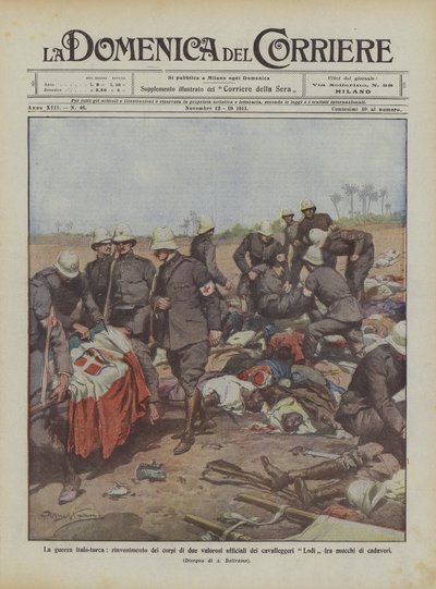 La guerra italo-turca, rinvenimento dei corpi di due valorosi ufficiali dei cavalleggeri Lodi da Achille Beltrame