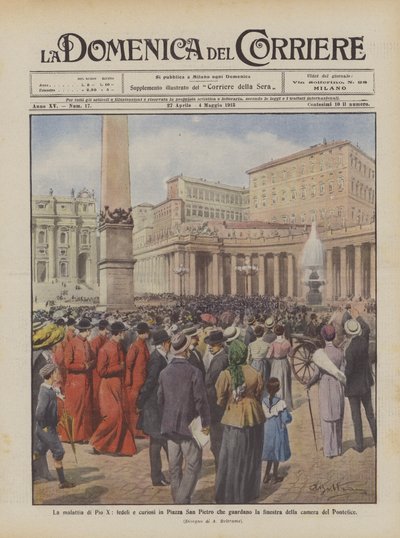 La malattia di Pio X, fedeli e curiosi in Piazza San Pietro che guardano la finestra della camera del Pontefice da Achille Beltrame