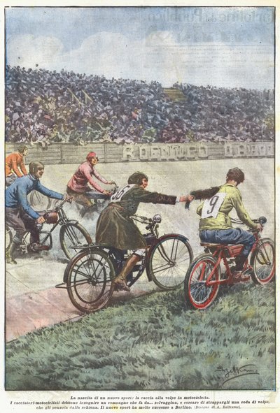 La nascita di un nuovo sport, la caccia alla volpe in motocicletta da Achille Beltrame