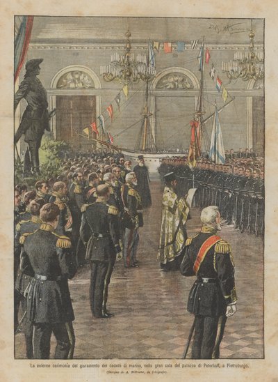 La solenne cerimonia del giuramento dei cadetti di marina nella gran sala del palazzo di Peterhoff a Pietroburgo da Achille Beltrame