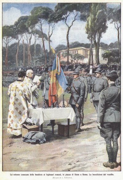 La solenne consegna della bandiera ai legionari romeni, in piazza di Siena a Roma da Achille Beltrame