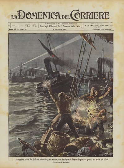 La squadra russa del Baltico bombarda, per errore, una flottiglia di barche inglesi da pesca, nel mare del Nord da Achille Beltrame