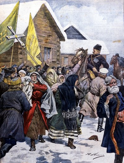 La superstizione in Russia: la polizia tenta di disperdere la setta dei nuovi cristiani. Illustrazione di Beltrame. La Domenica del Corriere. 1901 da Achille Beltrame