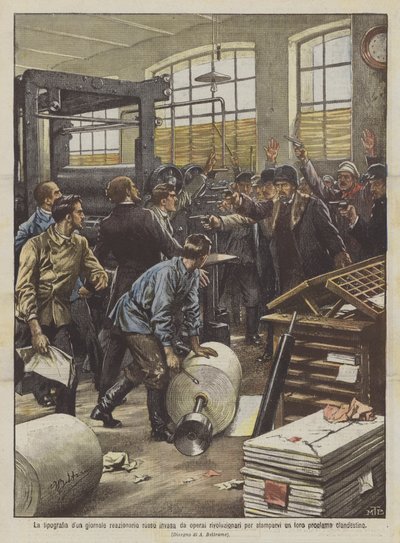 La tipografia di un giornale reazionario russo invasa da operai rivoluzionari per stamparvi un loro da Achille Beltrame