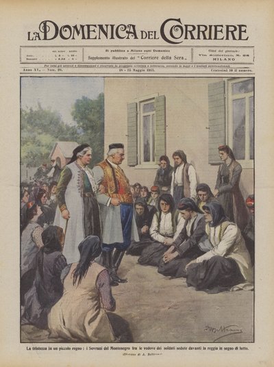 La tristezza in un piccolo regno, i Sovrani del Montenegro fra le vedove dei soldati sedute da Achille Beltrame