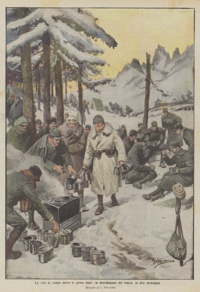 La vita al campo dietro le prime linee, la distribuzione del rancio, in alta montagna da Achille Beltrame