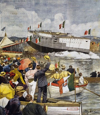 Varo della corazzata Regina Margherita a La Spezia, pannello di Achille Beltrame (1871-1945), La Domenica del Corriere, 9 giugno da Achille Beltrame