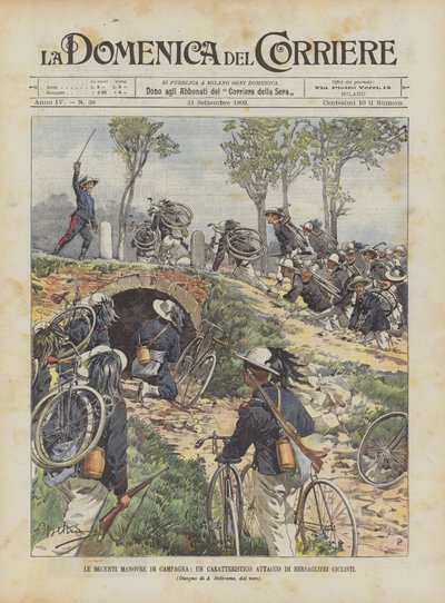 Le recenti manovre di campagna, un caratteristico attacco di bersaglieri ciclisti da Achille Beltrame