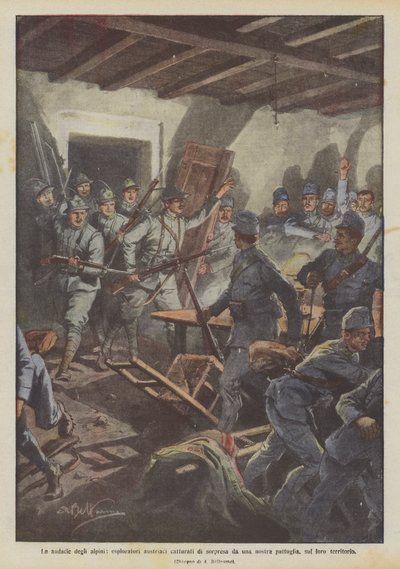 Le audacie degli alpini, esploratori austriaci catturati di sorpresa da una nostra pattuglia, sul loro territorio da Achille Beltrame