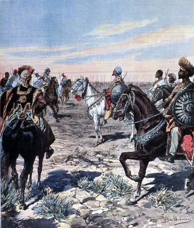 Il capitano Mozzetti nel campo del Ras Makonnen (Mekonnen Welde Mikael) in Etiopia. Illustrazione di Beltrame. La Domenica del Corriere. 1899 da Achille Beltrame