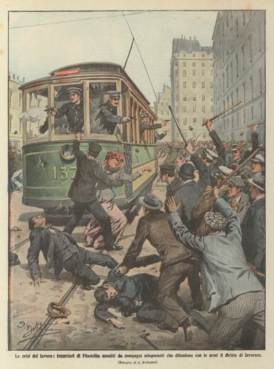 Le crisi del lavoro, tramvieri di Filadelfia assaliti da compagni scioperanti da Achille Beltrame