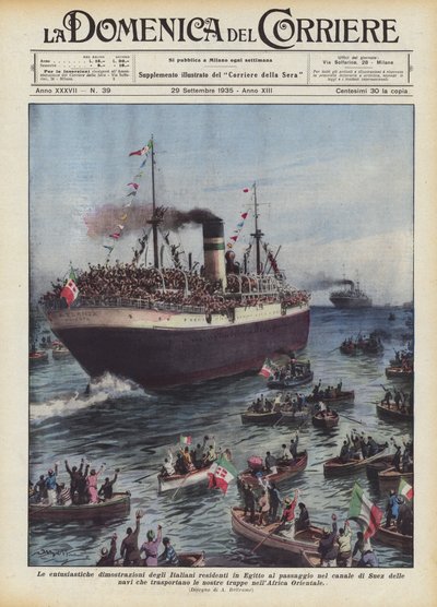 Le entusiastiche dimostrazioni degli Italiani residenti in Egitto al passaggio nel canale di Suez da Achille Beltrame