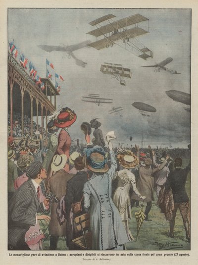 Le meravigliose gare di aviazione a Reims, aeroplani e dirigibili si rincorrono in aria da Achille Beltrame