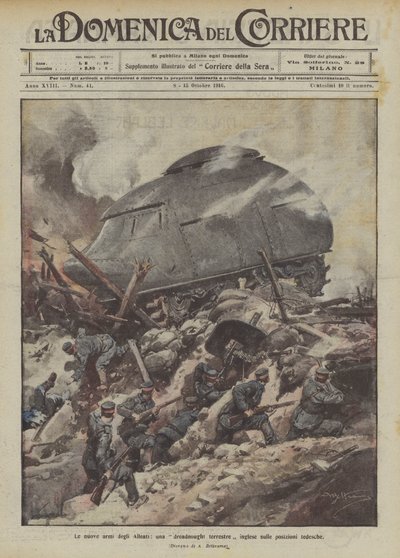 Le nuove armi degli Alleati, una dreadnought terrestre inglese sulle posizioni tedesche da Achille Beltrame