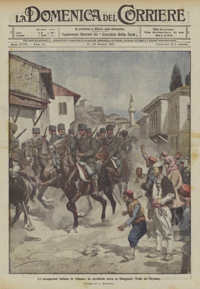 Le occupazioni italiane in Albania, la cavalleria entra in Giorgucati (Valle del Drynos) da Achille Beltrame