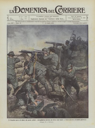 Prove di valore dei nostri soldati, mitragliatrici sorrette sul dorso dagli alpini da Achille Beltrame