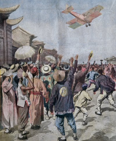 Tenente Arturo Ferrarin, partecipante al raid Roma-Tokyo, arrivando sopra il cielo di Shanghai, illustrazione di Achille Beltrame da La Domenica del Corriere, 16 maggio da Achille Beltrame