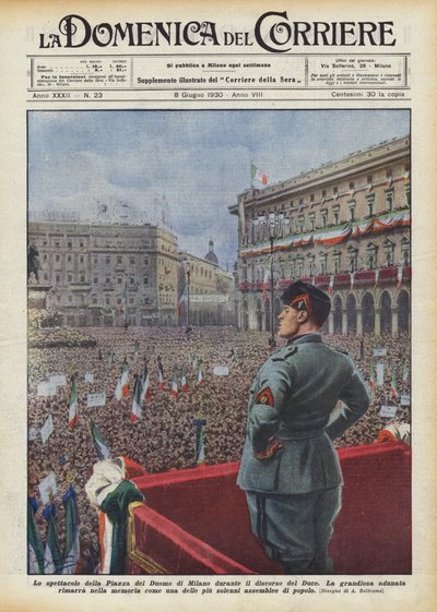 Lo spettacolo della Piazza del Duomo di Milano durante il discorso del Duce da Achille Beltrame