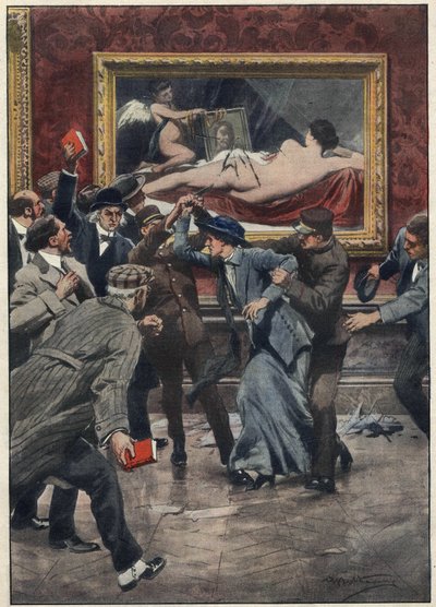 Mary Richardson (1889-1961) attivista suffragetta canadese taglia con un coltello il dipinto "La Venere Rokeby" del pittore Don Diego Velasquez in una sala della National Gallery di Londra. Illustrazione di Achille Beltrame per "La domenica del corriere".  da Achille Beltrame