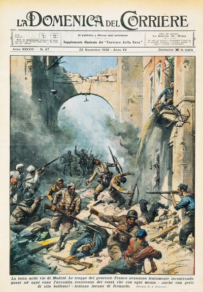 Mischia nelle strade di Madrid durante la guerra civile spagnola, da La Domenica del Corriere, 22 novembre da Achille Beltrame