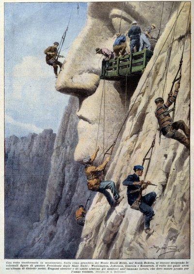 Uomini che scalano una scogliera di granito e scultori al lavoro, per la costruzione del monumento dei presidenti americani del Monte Rushmore - disegno di A. Beltrame, in "La Domenica del Corriere" da Achille Beltrame