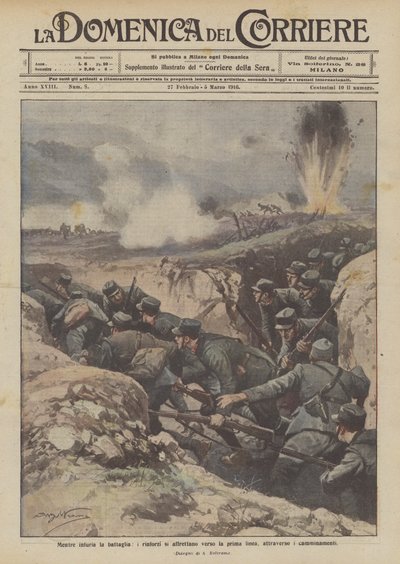 Mentre infuria la battaglia, i rinforzi si affrettano verso la prima linea, attraverso i camminamenti da Achille Beltrame
