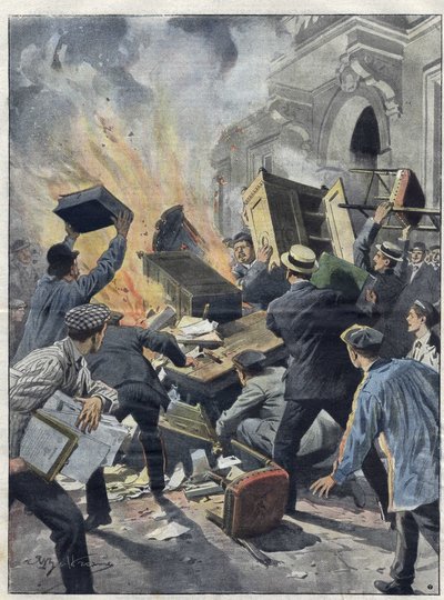Crisi del vino nel Midi nel 1907: i viticoltori incendiano il municipio di Beziers (Herault). Illustrazione di Achille Beltrame del 1907 da Achille Beltrame