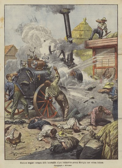 Mietitura tragica, scoppio della locomobile di una trebbiatrice presso Marsiglia con vittime italiane da Achille Beltrame