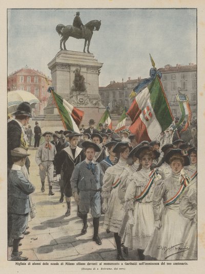 Migliaia di alunni delle scuole di Milano sfilano davanti al monumento a Garibaldi da Achille Beltrame