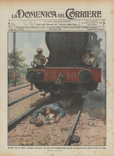 Mirabile atto di valore, fuochista ferroviario che salva una bambina presso Ancona sdraiandosi da Achille Beltrame