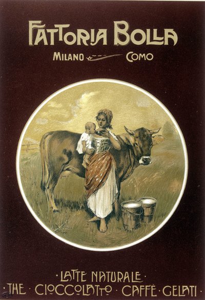 Madre che fa bere latte di mucca al suo bambino - manifesto pubblicitario Fattoria Bolla da Achille Beltrame