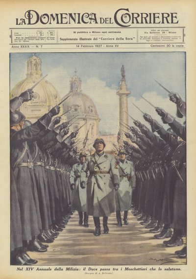Nel XIV Annuale della Milizia, il Duce passa tra i Moschettieri che lo salutano da Achille Beltrame