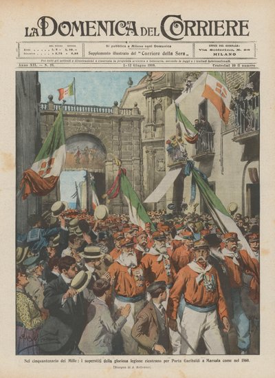 Nel cinquantenario dei Mille, i superstiti della gloriosa legione rientrano per Porta Garibaldi da Achille Beltrame