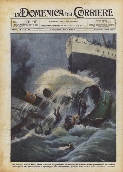 Nel porto di Nuova York, causa la nebbia, un piroscafo ha investito un rimorchiatore spezzandolo? da Achille Beltrame
