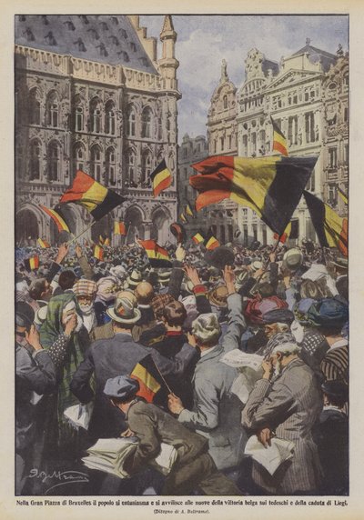 Nella Gran Piazza di Bruxelles il popolo si entusiasma e si avvilisce alle nuove della vittoria belga sui tedeschi e della caduta di Liegi da Achille Beltrame