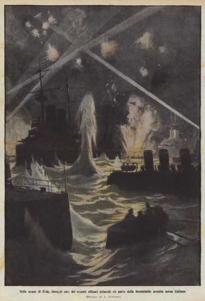 Nelle acque di Pola, durante uno dei recenti efficaci attacchi da parte della formidabile armata aerea italiana da Achille Beltrame