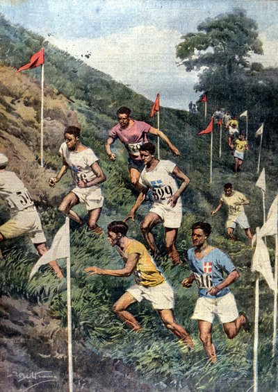 Giochi Olimpici di Parigi: corsa con ostacoli naturali: cross-country. Illustrazione di Beltrame. La Domenica del Corriere da Achille Beltrame