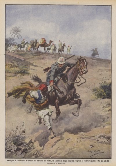 Pattuglia di carabinieri a cavallo che arresta nel Gebel, in Cirenaica, degli indigeni sorpresi a rubare da Achille Beltrame