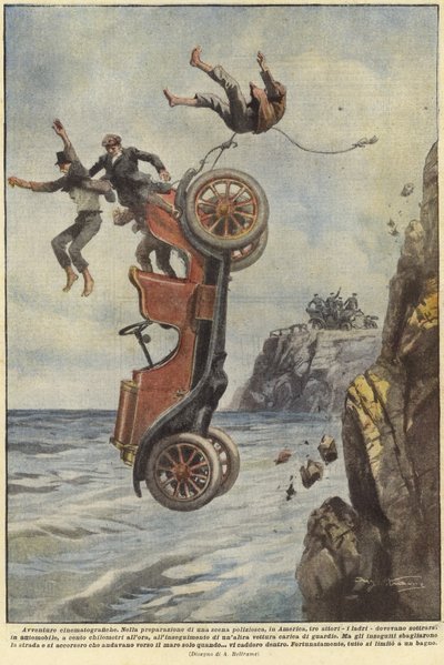Persone che cadono mentre la loro auto lascia un sentiero costiero da Achille Beltrame