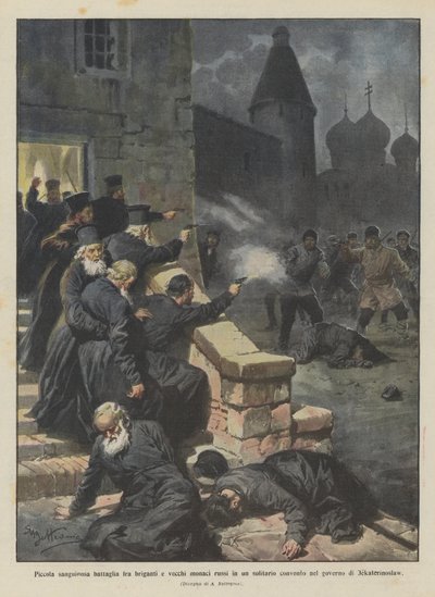 Piccola sanguinosa battaglia fra briganti e vecchi monaci russi in un solitario convento da Achille Beltrame
