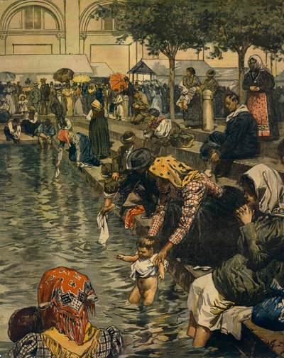 Pellegrinaggio a Caravaggio: Bagno nelle acque miracolose, di Achille Beltrame, da La Domenica del Corriere da Achille Beltrame