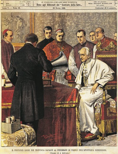 Papa Leone XIII legge la Benedizione nel grammofono, di Achille Beltrame, da La Domenica del Corriere, 29 marzo 1903 da Achille Beltrame