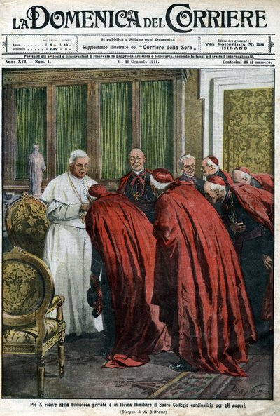 Papa Pio X riceve i cardinali nella sua biblioteca per gli auguri di Capodanno. Copertina della Domenica del Corriere del 4 gennaio da Achille Beltrame