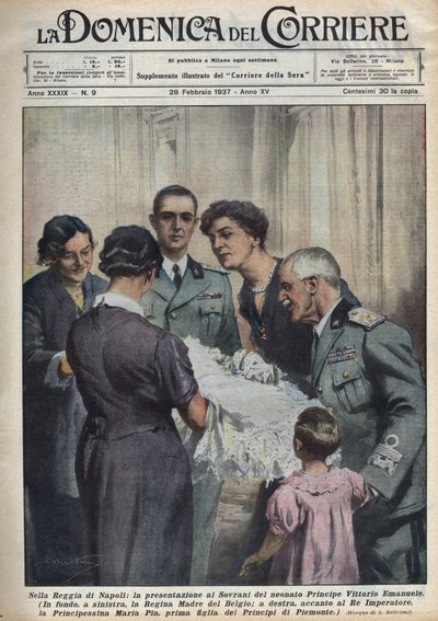 Presentazione del principe Vittorio Emanuele, infante, ai sovrani, a sinistra la regina madre dei belgi Elisabetta di Baviera (1876-1965), a destra Vittorio Emanuele III di Savoia, e sullo sfondo il padre da Achille Beltrame