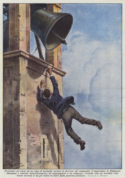 Proiettato nel vuoto da un colpo di battaglio mentre si trovava sul campanile, il sagrestano da Achille Beltrame